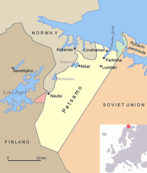 Petsamo Suomen kartalla Pohjois-Suomessa. Lähde on Wikipedia.
