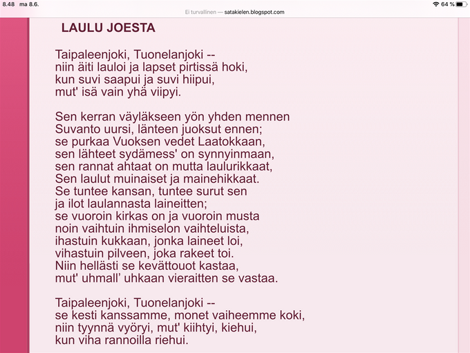 Tässä on runon alkuosa. Videon jälkeen voit lukea muut säkeistöt sen alta.