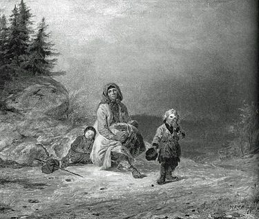 Kerjäläisperhe maantiellä. Robert Wilhelm Ekmanin maalaus vuodelta 1860.