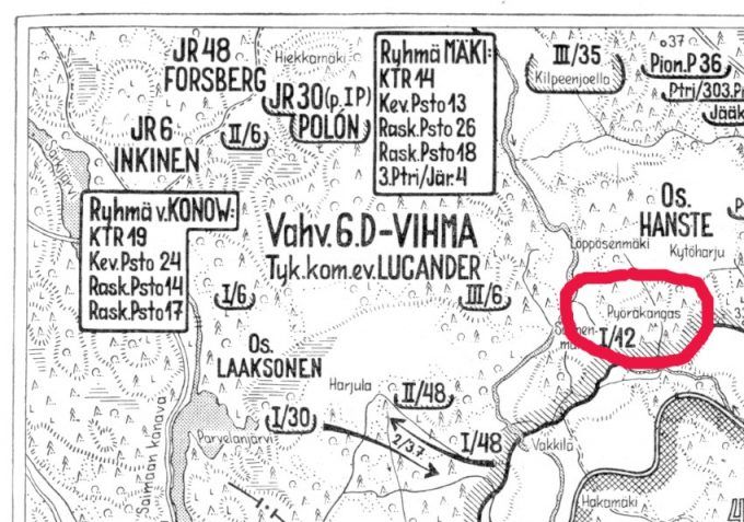 Pyöräkangas ympyröity punaisella.  Kartta teoksesta Suomen sota, osa 7.