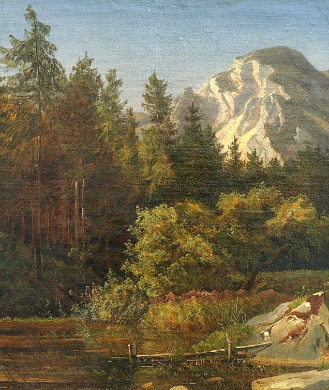 Taulu 1. Johan Wilhelm Schirmer: Sveitsiläinen alppimaisema, maalattu vuosina 1835-37. Öljyvärityö. Kuvan lähde on Wikimedia.