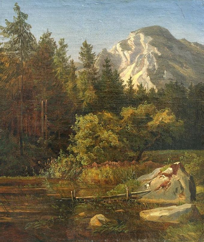 Taulu 1. Johan Wilhelm Schirmer: Sveitsiläinen alppimaisema, maalattu vuosina 1835-37. Öljyvärityö. Kuvan lähde on Wikimedia.