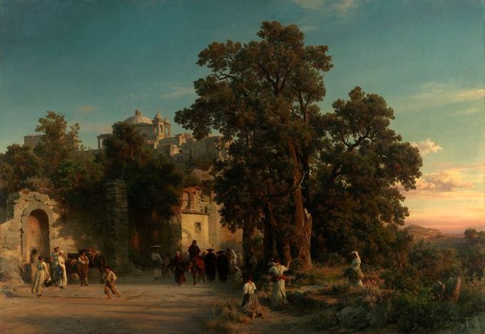 Taulu 3. Oswald Achenbach: Ilta, maalattu vuosina 1850-54. Öljyvärityö. Kuvan lähde on rct.uk.