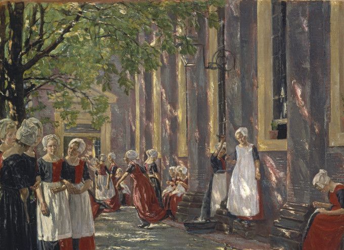 Taulu 5. Max Liebermann: Free period in the Amsterdam orphanage, 1881-1882, öljyvärimaalaus. Kuvan lähde on kunstmuseum.nl.