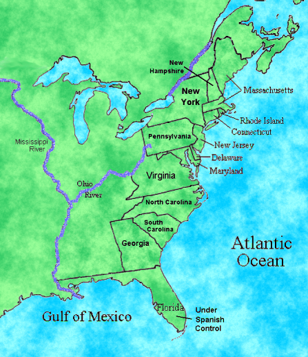 Kolmetoista Yhdysvaltain alkuperäistä siirtokuntaa. Kartan lähde on brtprojects.org.