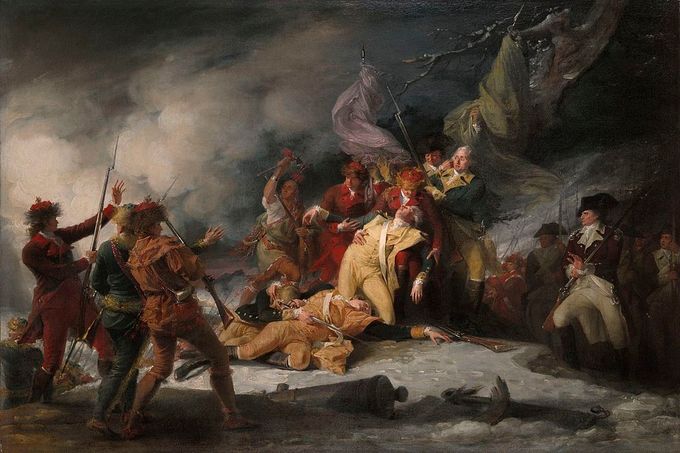 Kuva 1. Taulun nimi on ”Kuvaus kenraali Montgomeryn kuolemasta Quebecin taistelussa”. Maalauksen on tehnyt John Trumbull vuonna 1786. Yale University Art Gallery, New Haven, Connecticut. Kuvan lähde on Wikipedia.