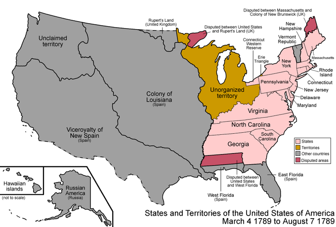 ----- Kuva 2. Yhdysvaltojen kartta vuonna 1789. Kuvan lähde on wikiwand.com.
