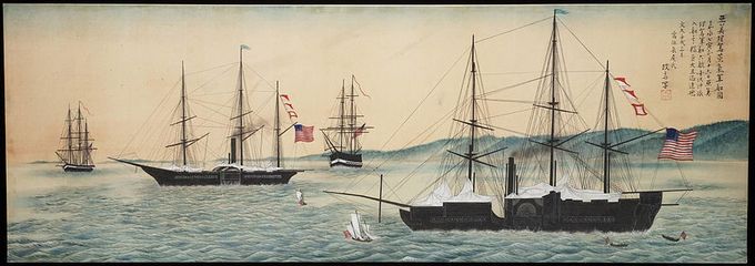 Kuva 8.  Yhdysvaltain Itä-Intian laivue Tokionlahdella, japanilainen maalaus n. 1862–1880. Kuvan lähde on Wikipedia.