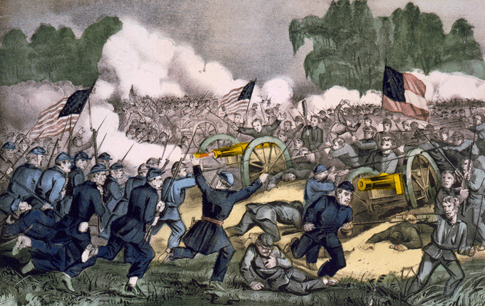 Kuva 2. Maalaus (litografia eli kivipainotaideteos) Gettysburgin taistelusta. Kuvan lähde on wikimedia.org.