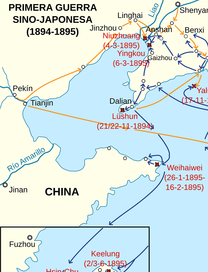 Kuva 4. Kiinan-Japanin ensimmäisen sodan 1894-1895 taistelupaikat kartalla. Kuvan lähde on imgur.com.