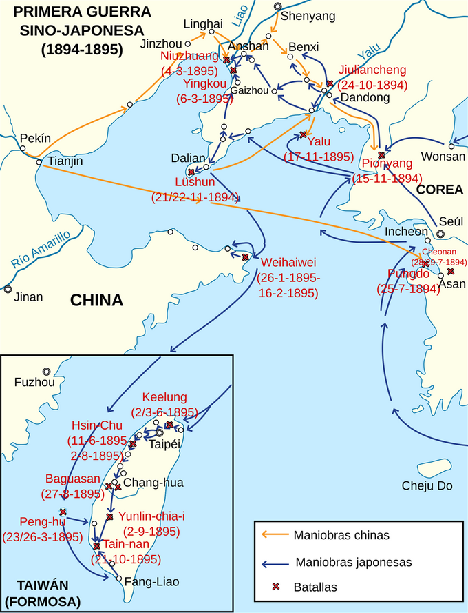 Kuva 4. Kiinan-Japanin ensimmäisen sodan 1894-1895 taistelupaikat kartalla. Kuvan lähde on imgur.com.