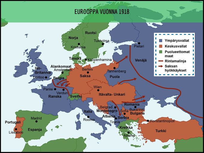 Kartta 2. Sotilaallinen tilanne Euroopassa maailmansodassa vuonna 1918. Portugali oli ympärysvaltojen puolella (väärä väri). Kuvan lähde on peda.net/jamsa/perusopetus.