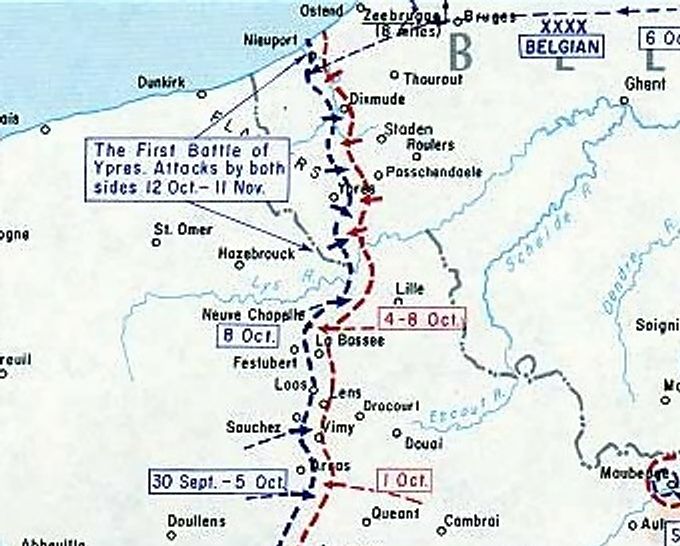 Kartta 1. Ypersin taistelut maailmansodan alussa vuonna 1914. Kartan lähde on Wikipedia.
