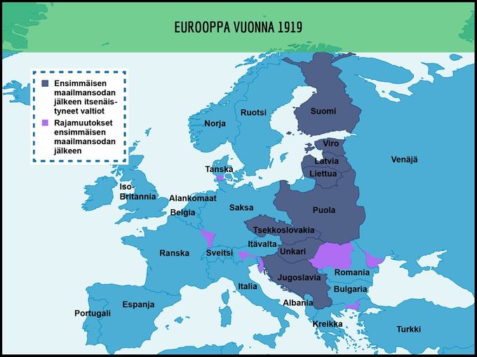 Kartta 2. Rajojen muutoksia ja syntyneistä uusia valtioita vuonna 1919. Kartan lähde on peda.net/jamsa/perusopetus.