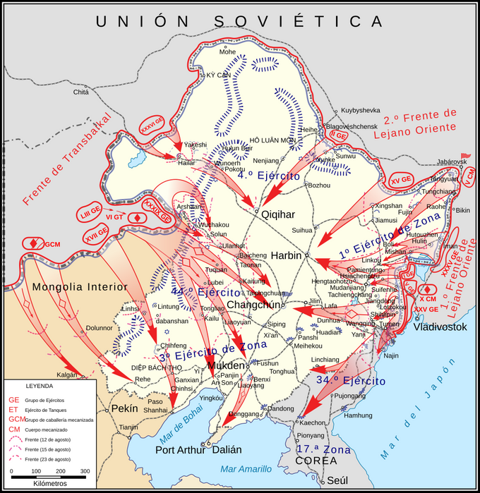 Kuva 6. Neuvostoliiton hyökkäys Mantšuriaan elokuussa 1945 (espanjankielinen). Uusi kartta.  Kuvan lähde on Wikimedia.org.