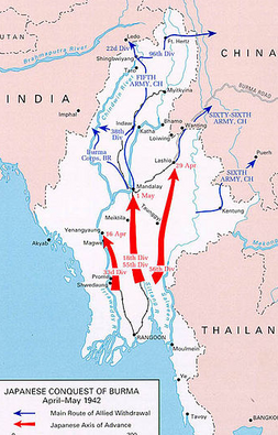 Kuva 3. Kartta taistelujen kulusta Burman valtauksessa huhtikuusta toukokuuhun vuonna 1942. Kuvan lähde on Wikipedia.