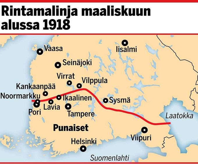 Kuva 2. Sisällissodan rintamat 1918. Kuvan lähde on is.fi (Iltasanomat).